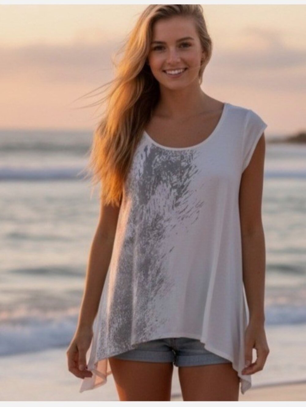 NWT Jessica Simpson Jordana Cream & Gray Split Back Beaded Top, Size Medium